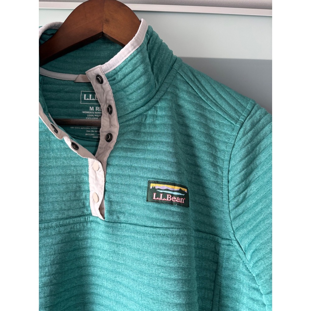 LL Bean Womens Quilted Airlight Pullover Teal Green Snap Neck Mock Neck Fleece M